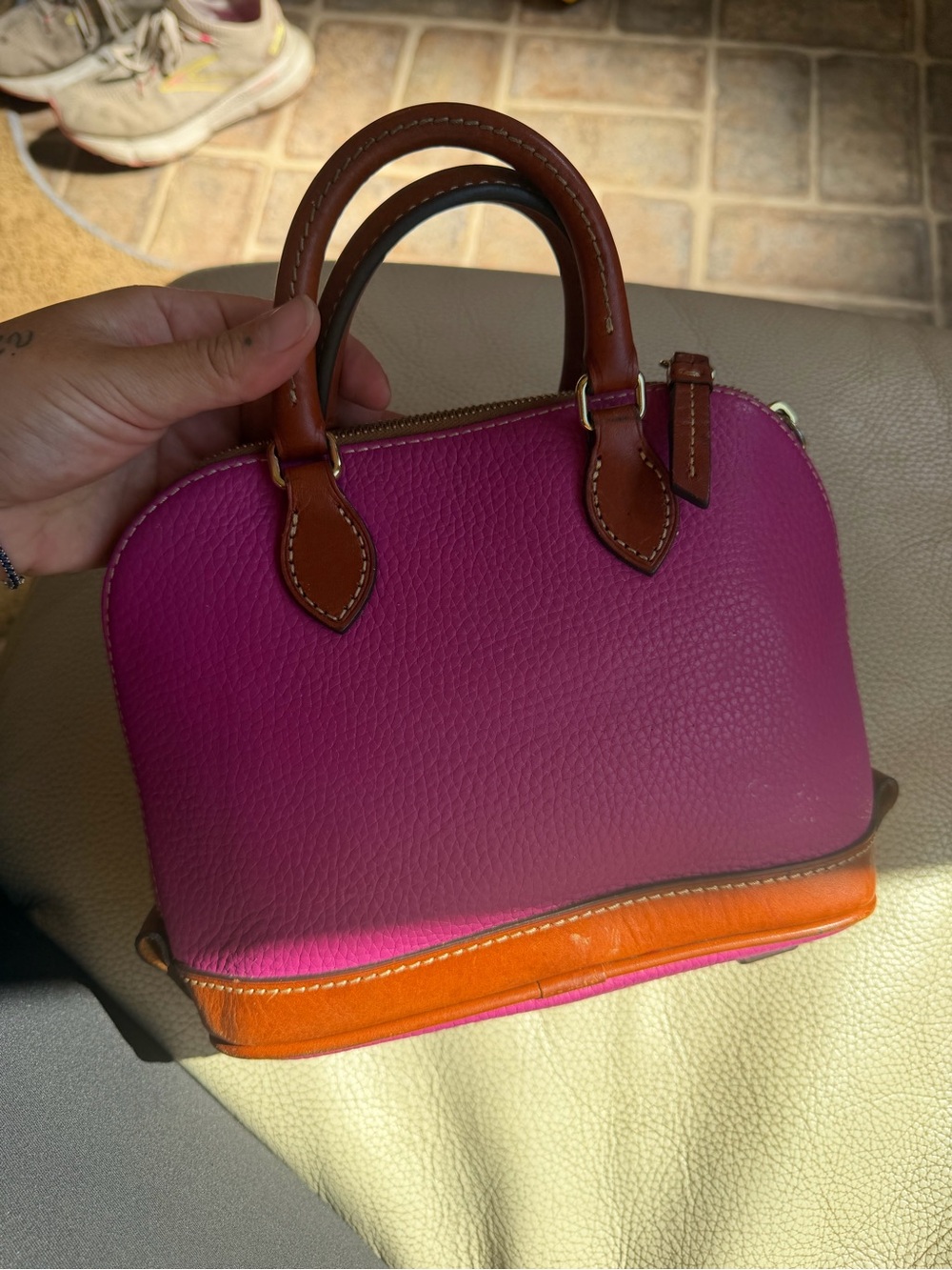 Dooney & Bourke Fuchsia Pebble Leather Mini Satchel with Brown Trim - Picture 2 of 11